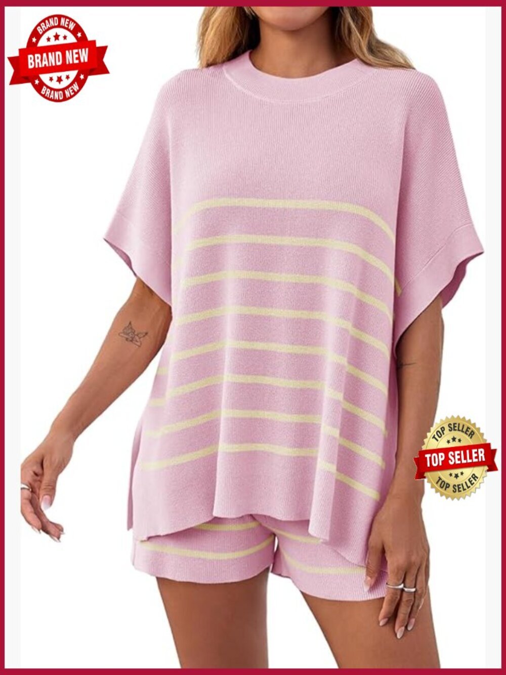 Striped 2 Piece Outfits Oversized Batwing Short Sleeve Top High Waisted Shorts
